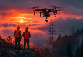 ai generado profesional zumbido y dos trabajadores son volador terminado el poder líneas inspección y inspección de el equipo a amanecer. foto