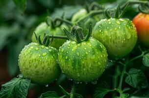 ai generado verde Tomates en rama en el jardín foto