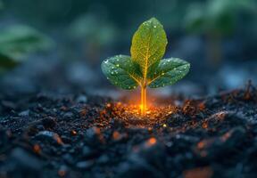 AI generated Young plant growing in the morning light and dew on the leaves photo