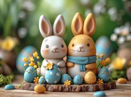 AI generated Two cute bunnies made of modeling clay and easter eggs on wooden stand. Easter holiday concept. photo