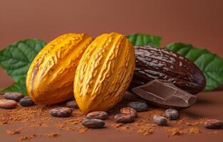 AI generated Cocoa beans and cocoa pod with cocoa powder and pieces of dark chocolate with cocoa leaves on brown background photo