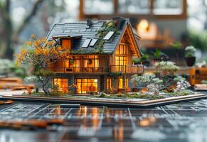 AI generated Miniature house. Unusual 3d illustration of cozy wooden house with terrace and deck in the forest at night. photo