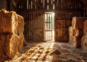 AI generated Straw bales in barn with sunlight streaming in photo