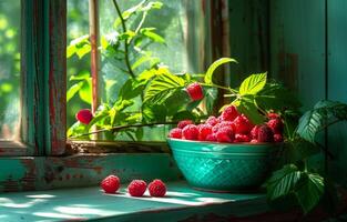 AI generated Raspberries in turquoise bowl on the window photo