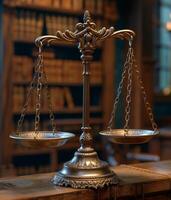 AI generated Symbol of law and justice on the table law and Justice concept focus on scales photo