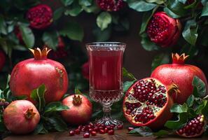 AI generated Glass of pomegranate juice on wooden table photo