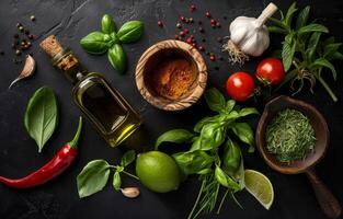 AI generated Fresh herbs spices and olive oil on black background photo