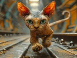 AI generated Sphynx cat runs on the rails. A sphynx cat running past the art direction photo