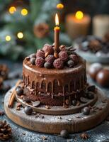 AI generated Chocolate cake with burning candle and fresh raspberries on dark concrete background photo