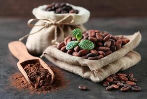ai generado cacao frijoles en bolsa. cacao es principalmente hecho desde cacao frijoles foto