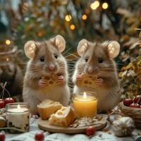 ai generado dos ratones comer galletas y bebida té en el noche. dos blanco ratones sentado a un mesa foto