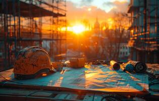 ai generado construcción casco y herramientas en el mesa con puesta de sol antecedentes foto