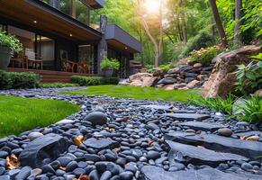 ai generado hermosa casa con jardín y río con Roca cama foto