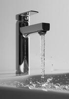 AI generated Water running from chrome tap. A open faucet seen from the front photo