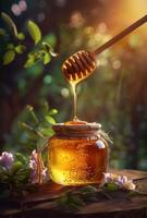 AI generated Honey dripping from wooden honey dipper in jar on blurred background of flowering garden photo
