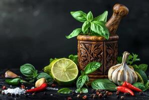 AI generated Fresh herbs and spices on black background photo