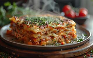 AI generated Lasagna with minced meat tomato sauce and cheese on plate photo