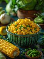AI generated Sweet corn and green peas in bowl photo