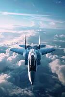 AI generated Military fighter jet flies high in the sky above the clouds. photo