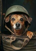 ai generado linda perro es sentado en militar casco foto