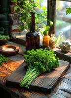 AI generated Fresh green parsley on wooden table in the kitchen photo
