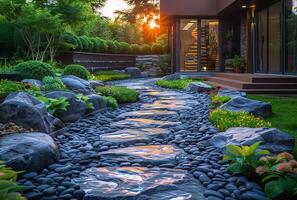 ai generado pequeño río carreras mediante el piedras en el jardín en el antecedentes de el casa iluminado a puesta de sol foto