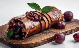 AI generated Delicious sweet dessert. Handmade fruit pastilles with fresh grapes and mint leaves on wooden board photo