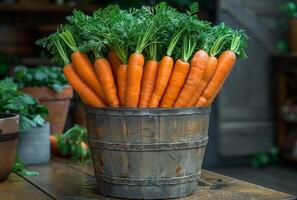 AI generated Fresh carrots in wooden bucket. A carrots in a basket beside a wood floor photo