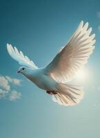 AI generated Dove in the air with wings wide open in-front of the sun photo