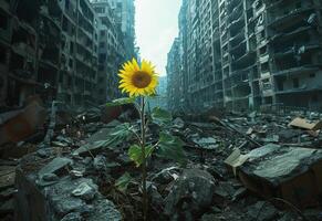 AI generated Sunflower growing in the middle of the rubble of destroyed city photo