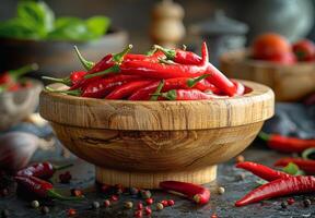 AI generated Red hot chili peppers in bowl. A hot chilli pepper in wooden bowl with spice inside photo