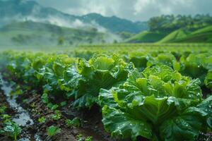 AI generated Lettuce growing in field with mountains in the background photo