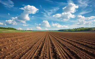 ai generado surcos. agrícola campo en cuales crecer arriba patatas foto