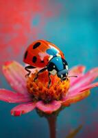 ai generado mariquita en flor en el agua. un dama error es sentado en un flor foto