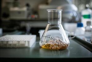 AI generated Beaker sits on lab bench with computer keyboard and other lab equipment in the background. photo