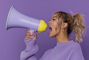 AI generated Young woman shouting through megaphone on solid background photo