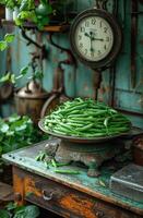 AI generated Green beans on old scale. A scale on the counter with lots of green beans photo