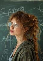 AI generated Beautiful young woman in glasses stands at the blackboard photo