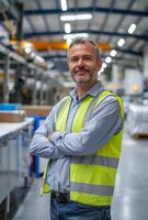 AI generated Portrait of smiling warehouse manager with arms crossed photo