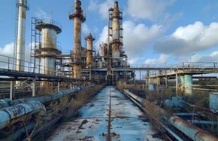 AI generated Abandoned chemical factory with pipes and tanks against the blue sky photo