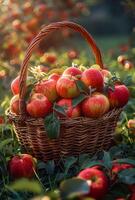 AI generated Basket with apples on the grass in the orchard photo