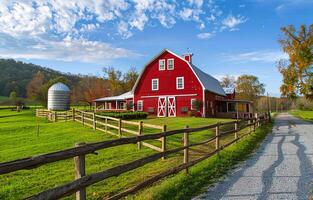 ai generado rojo granero y silo en granja en el país foto