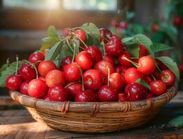 AI generated Fresh sweet cherries in basket. A cherries in a basket with green leaves on a wood table photo
