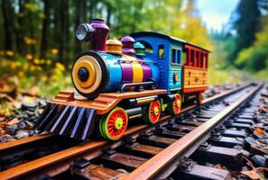 AI generated Toy train running on the tracks in the forest photo