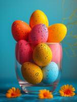 AI generated A bunch of colored eggs in glasses. Colorful Easter eggs in glass vase photo