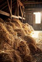 AI generated Hay bales and straw inside barn. A pile of hay in the barn photo