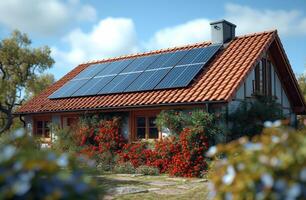 AI generated Solar panels on the roof of the house. Photovoltaic system on the roof photo