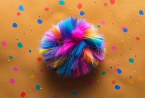 AI generated Colorful fluffy pompom on yellow background photo