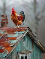 ai generado gallo canto en el techo. un imagen de un pollo en pie en parte superior de el techo de un casa foto