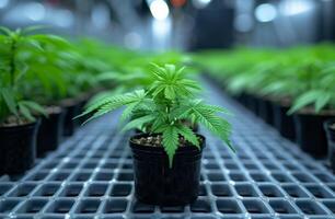 AI generated Potted cannabis plant sits on table in greenhouse photo